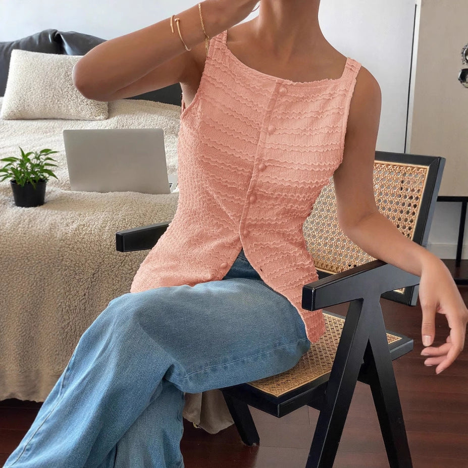 Top de mujer elegante sin mangas, cuello redondo, un solo pecho, chaleco ajustado, color sólido