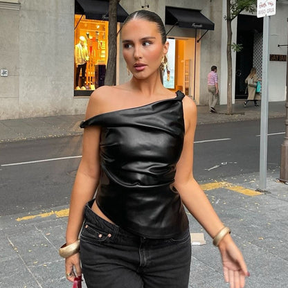 Sleeveless Vest Leather Oblique Shoulder Personality Irregular Asymmetric Top Women Clothing - Wanita Store