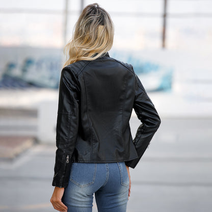 Women Jacket Women Slim Jacket Thin Spring Autumn Coat Women Motorcycle Clothing Stand Collar Faux Leather - Wanita Store