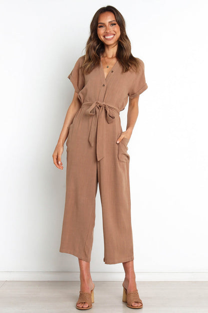 Summer Solid Color Pocket Sexy V Neck Cropped Wide Legged Jumpsuit Women - Wanita Store
