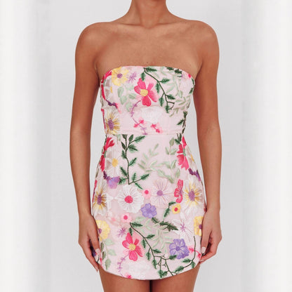 Women Slim Fit Bandeau Sling Short Niche Floral Dress - Wanita Store