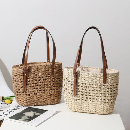 Straw Woven Bag Women Hollow Out Cutout Handmade Straw Bag Woven Bag Shoulder Portable Straw Weaved Bag Seaside Vacation Beach Bag - Wanita Store