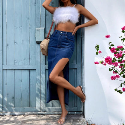 Summer Women Clothing Sexy Side Split Denim Skirt - Wanita Store