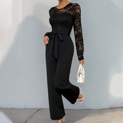 Autumn Jumpsuit Lace Stitching Zipper Lace Up Solid Color Jumpsuit - Wanita Store