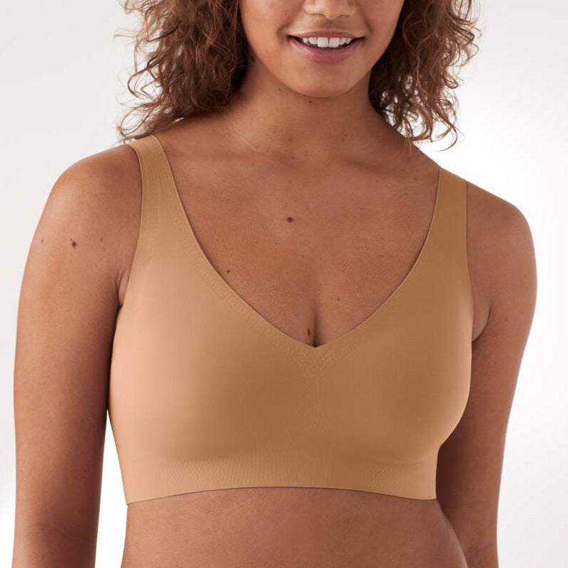 Seamless V neck Vest Underwear Women's Big Chest Small One Piece Comfortable Sleep Bra U Shaped Beauty Back Bras