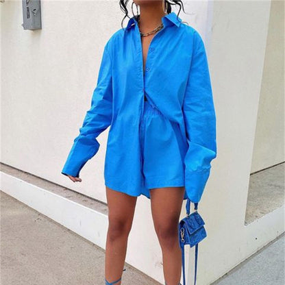 Spring Summer Two Piece Set Solid Color Single Breasted Long Sleeve Collared Shirt Shorts Loose Casual Set - Wanita Store