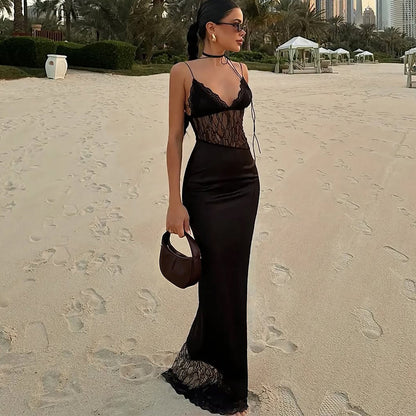 Ropa de Mujer de Primavera Slim Fit Cuello Bajo Atado Sexy Vestido de Encaje con Malla Transparente para Mujer