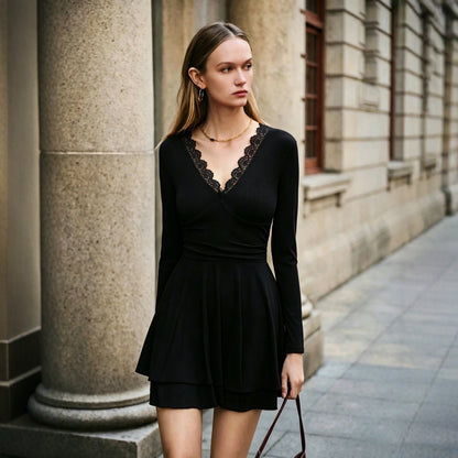 Vestido de mujer con cuello en V de encaje, manga larga, cintura ajustada, entallado, con volantes, corte en A