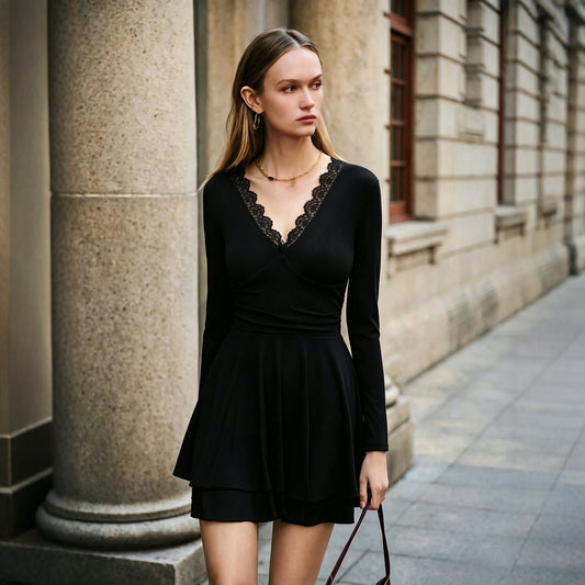 Women V neck Lace Dress Long Sleeve Waist Tight Slimming Flounce A line Dress