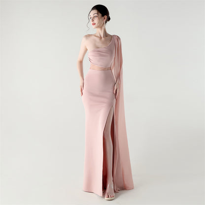 Single Shoulder Crossbody Stitching Mesh Design Satin Slim Cocktail Dress Evening Dress - Wanita Store