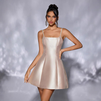 Women Clothing Slim Fit Glossy Solid Color Short Sexy Backless Dress Sleeveless Strap Micro Pull Evening Dress - Wanita Store