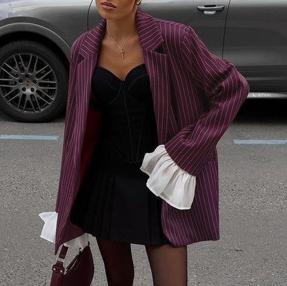 Spring Autumn Elegant Striped Blazer Women Design Lace Bell Sleeve Loose Casual - Wanita Store