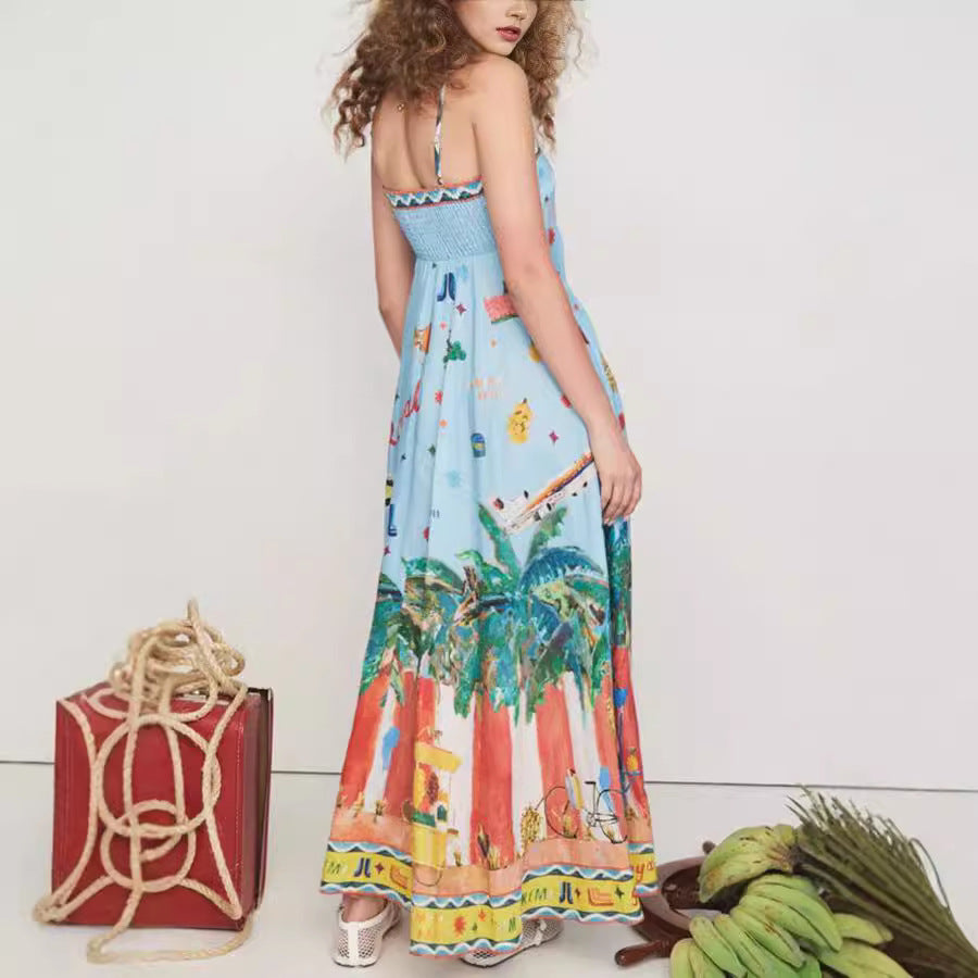 Spring Summer Suspender Printed Pocket Dress Casual Loose Vacation Dress