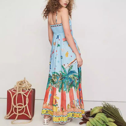 Spring Summer Suspender Printed Pocket Dress Casual Loose Vacation Dress - Wanita Store