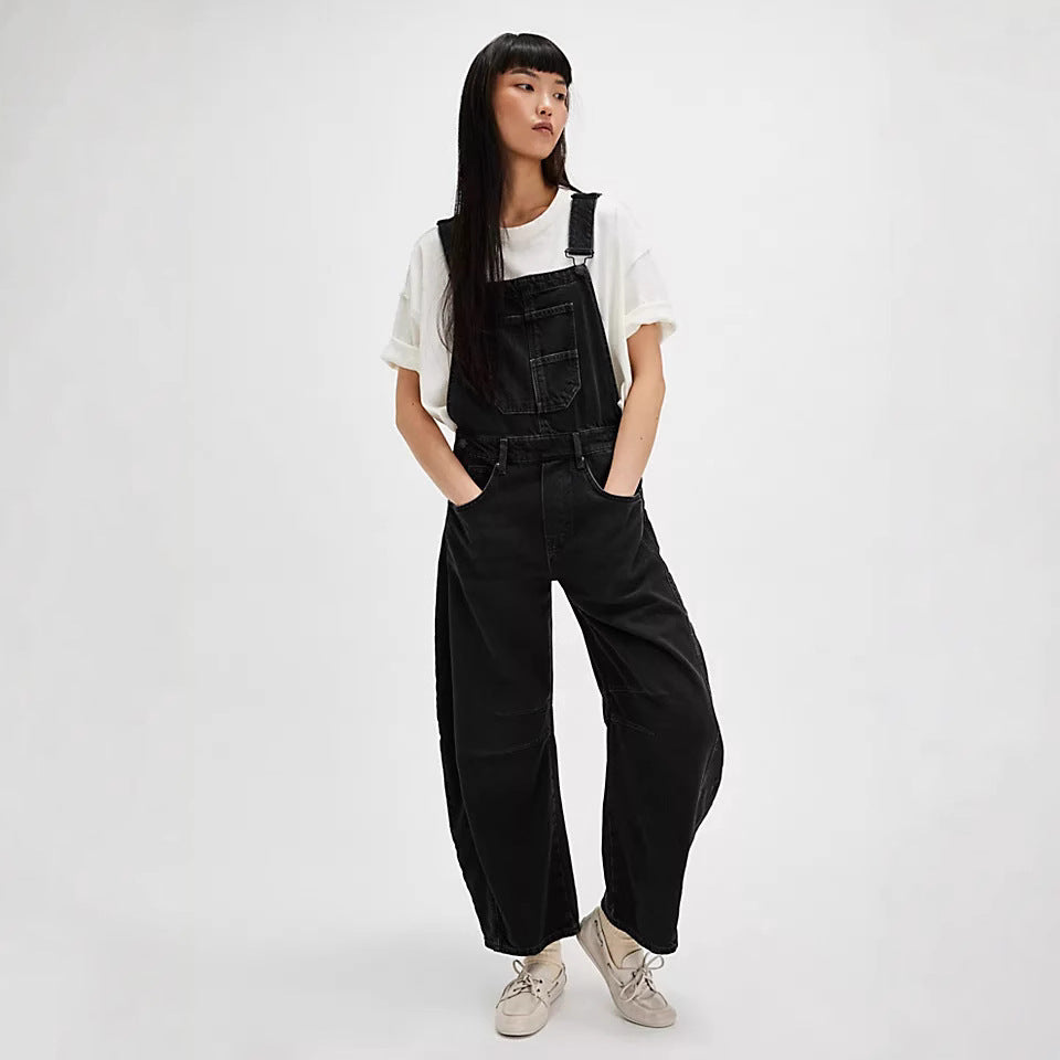 Street Washed out Vintage Loose Straight Cargo Jeans Suspender Pants