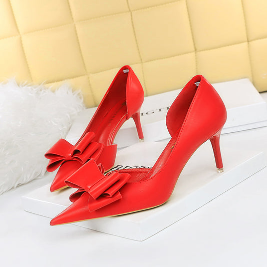 Korean Pedicure Slim Fit Sweet Women Shoes Stiletto Heel Shallow Mouth Pointed Toe Side Hollow Out Cutout Bow Pumps