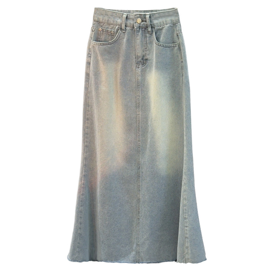 Retro Fishtail Frayed Denim Skirt Women Mid Length Spring Summer Half Length Skirt A Line Slimming Hip Skirt
