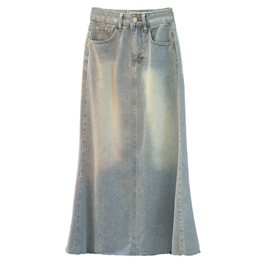Retro Fishtail Frayed Denim Skirt Women Mid Length Spring Summer Half Length Skirt A Line Slimming Hip Skirt