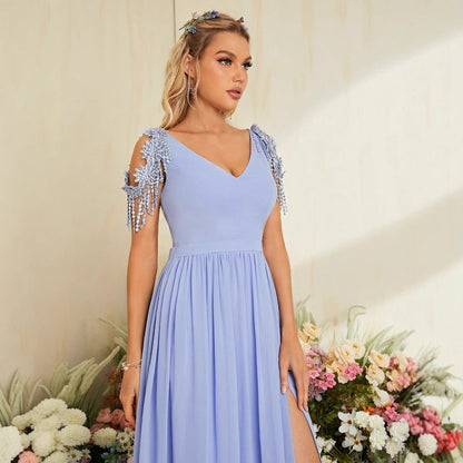 V neck Elegant Evening Dress Prom Party Slit Sexy Evening Dress Wedding Dinner Toast Dress Annual Meeting Dress - Wanita Store