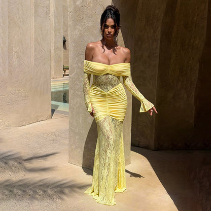 Women Clothing Summer Lace Stitching off Shoulder Slit Long Sleeve Dress Maxi Dress for Women - Wanita Store