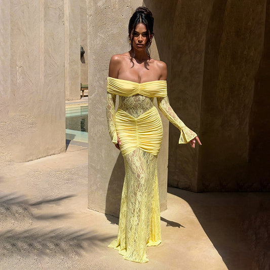 Women Clothing Summer Lace Stitching off Shoulder Slit Long Sleeve Dress Maxi Dress for Women