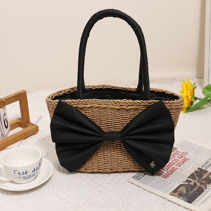 Mori Bow Straw Bag Portable Simplicity Hand Woven Bag Seaside Vacation Beach Bag Rattan Weave Bag - Wanita Store