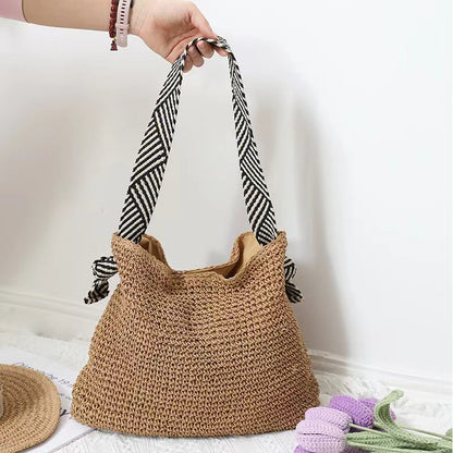Bag Striped Wide Ribbon Shoulder Straw Bag Woven Bag Vacation Beach Bag - Wanita Store