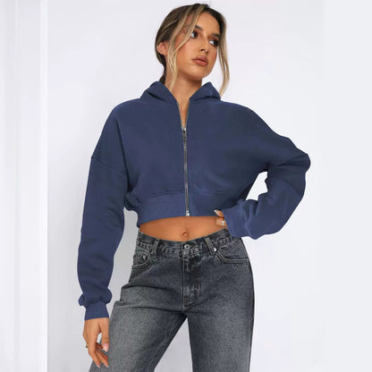 Street Long Sleeved Top Fleece Zipper Cardigan Hoodie Casual Coat for Women - Wanita Store