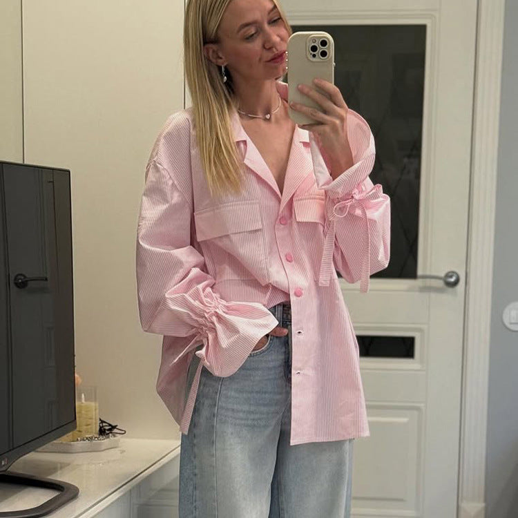 Fashionable Striped Office French Shirt for Women Spring Autumn Printing Collared Bell Sleeve Loose Pockets Shirt - Wanita Store