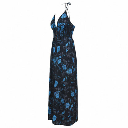Bohemian Halter Jumpsuit Women Summer Printed High Waist Wide Leg Pants Seaside Vacation Jumpsuit
