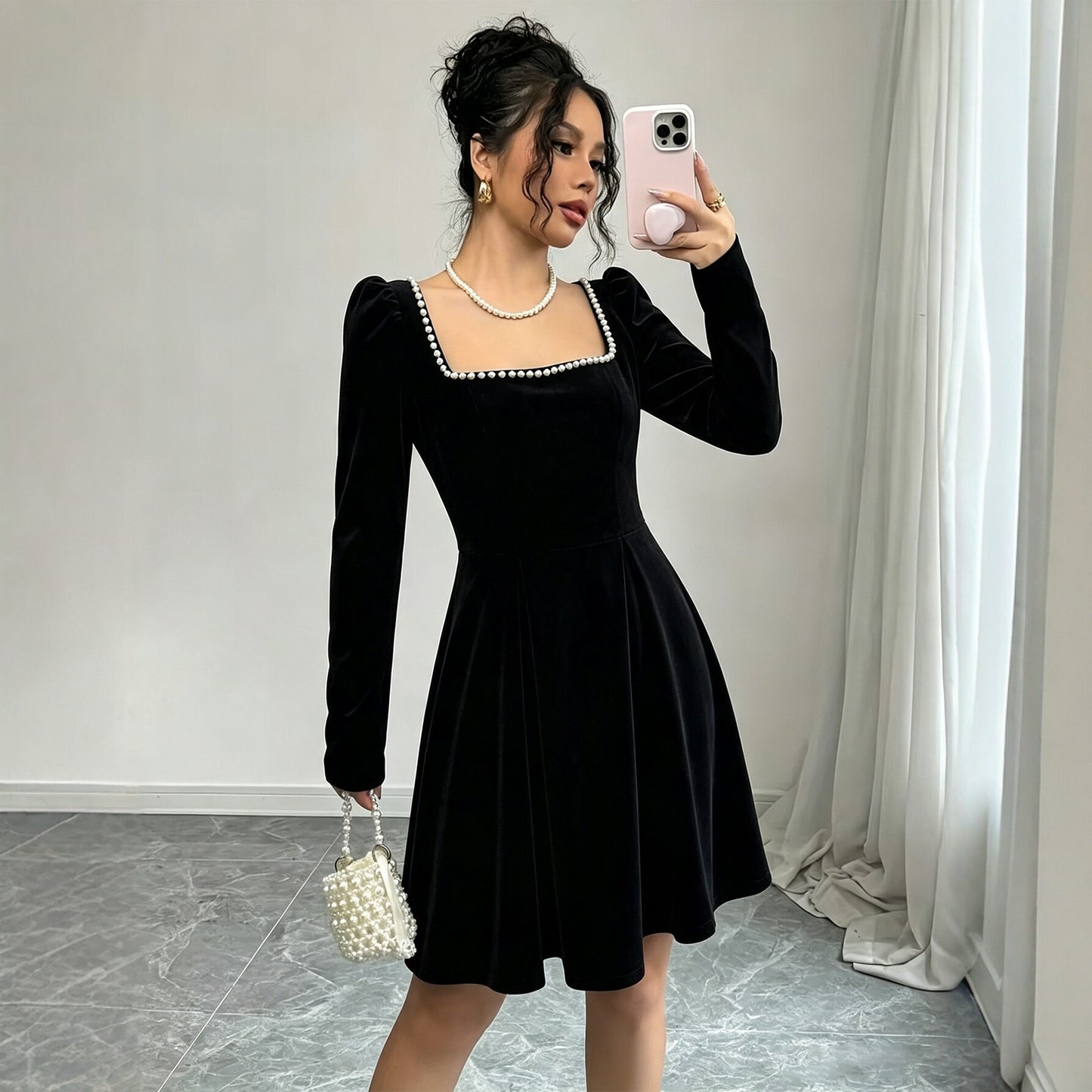 Women Clothing French Vintage Velvet Square Collar Dress Women Pearl Trim Waist Slimming A line Dress