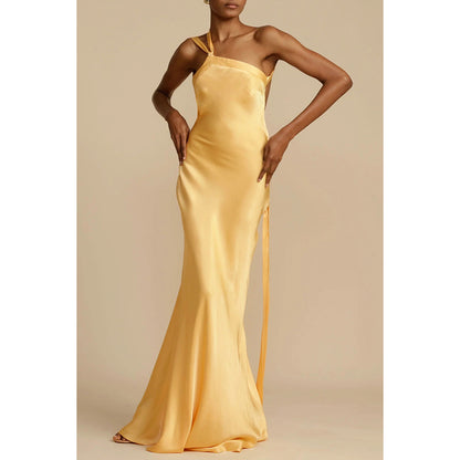 Spring Summer Party Slim Fit Oblique Shoulder Dress Casual Satin Dress - Wanita Store