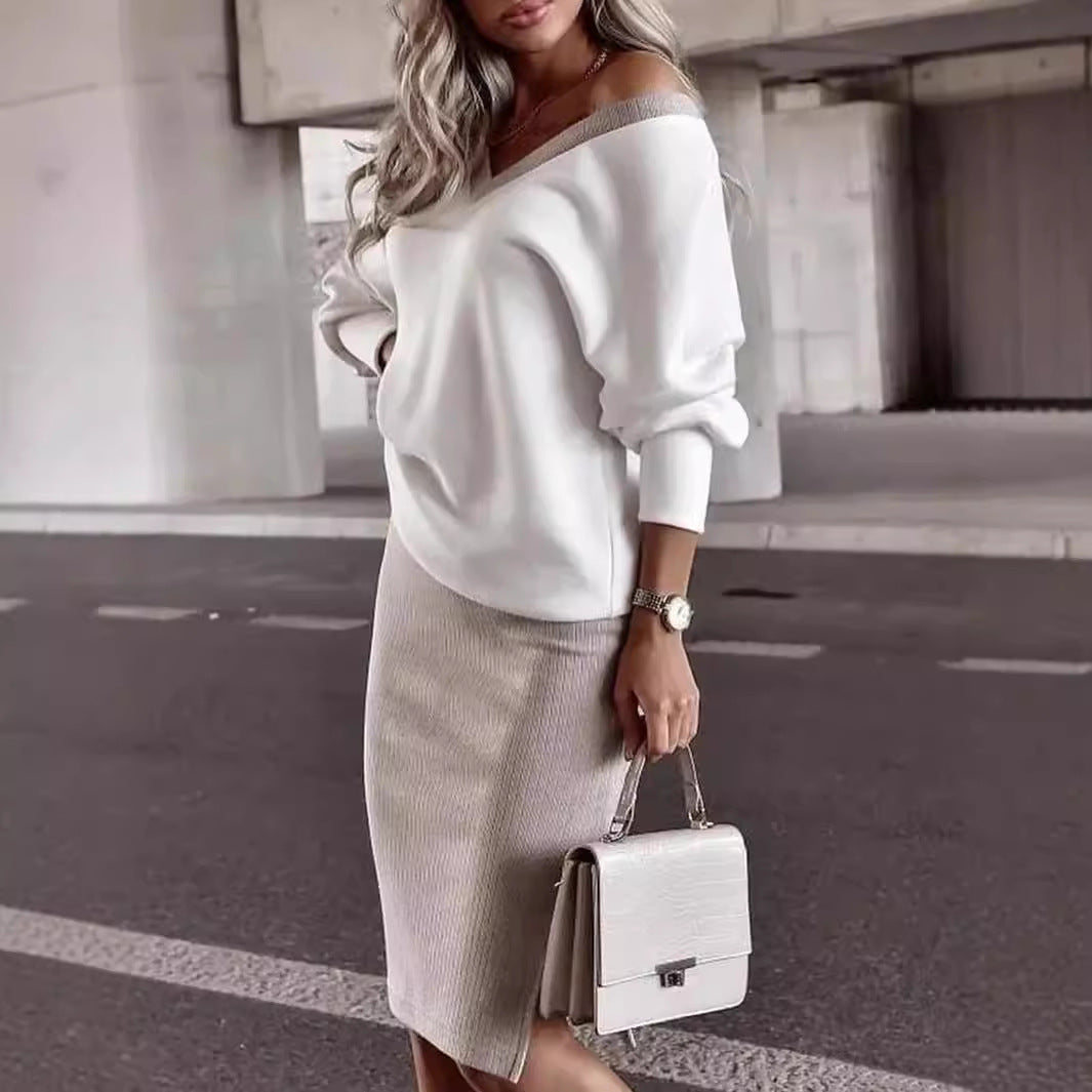 Women Wear Outing Casual Loose V neck Sweatshirt Tight Skirt Long Sleeved Top Two Piece Set