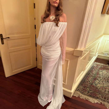 Spring Summer Women Clothing Sexy Mesh Solid Color off Shoulder Sheer Long Sleeve Dress Women - Wanita Store