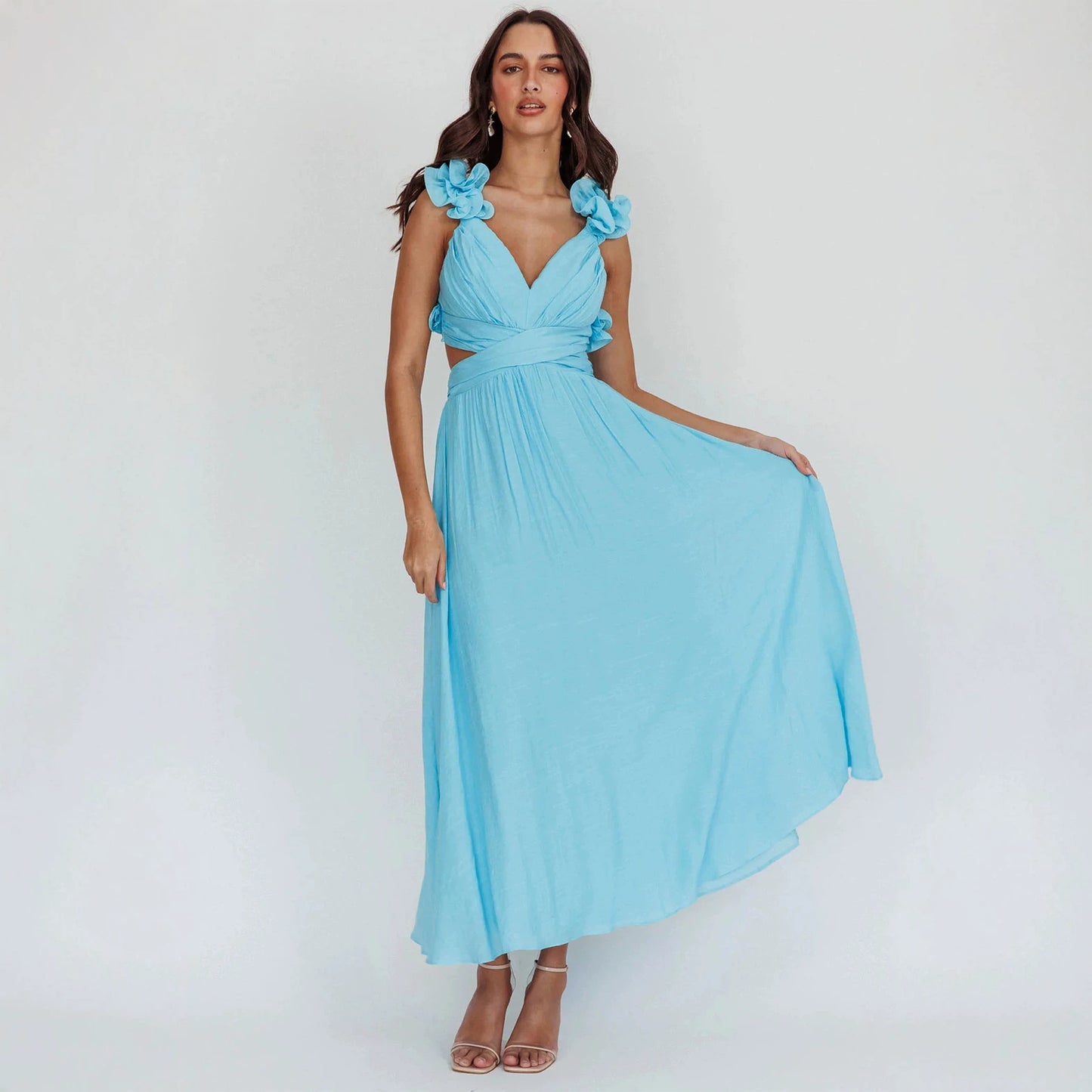 Summer Dress Backless Cross Rope Pleated Chiffon Floral Large Swing Dinner Dress