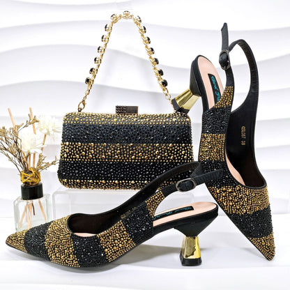 Simple Pointed Striped Delicate Rhinestone Decorative Cocktail Elegant Women Shoes Bags Two Piece Sets High Heels - Wanita Store