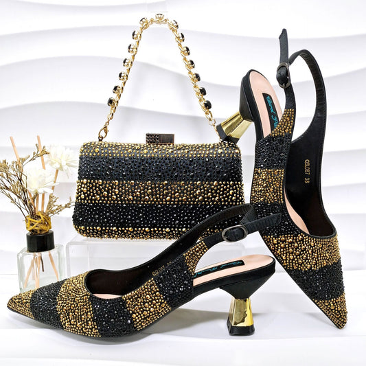 Simple Pointed Striped Delicate Rhinestone Decorative Cocktail Elegant Women Shoes Bags Two Piece Sets High Heels