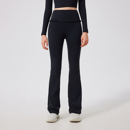 Ruffled Skinny Yoga Pants Women High Waist Slimming Sports Bell Bottom Pants Slim Fit Breathable Casual Fitness Trousers - Wanita Store