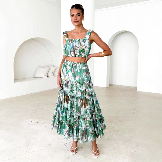Women Clothing Retro Sleeveless Short Corset Spaghetti Strap Floral Print High Waist Skirt Two Piece Set for Women
