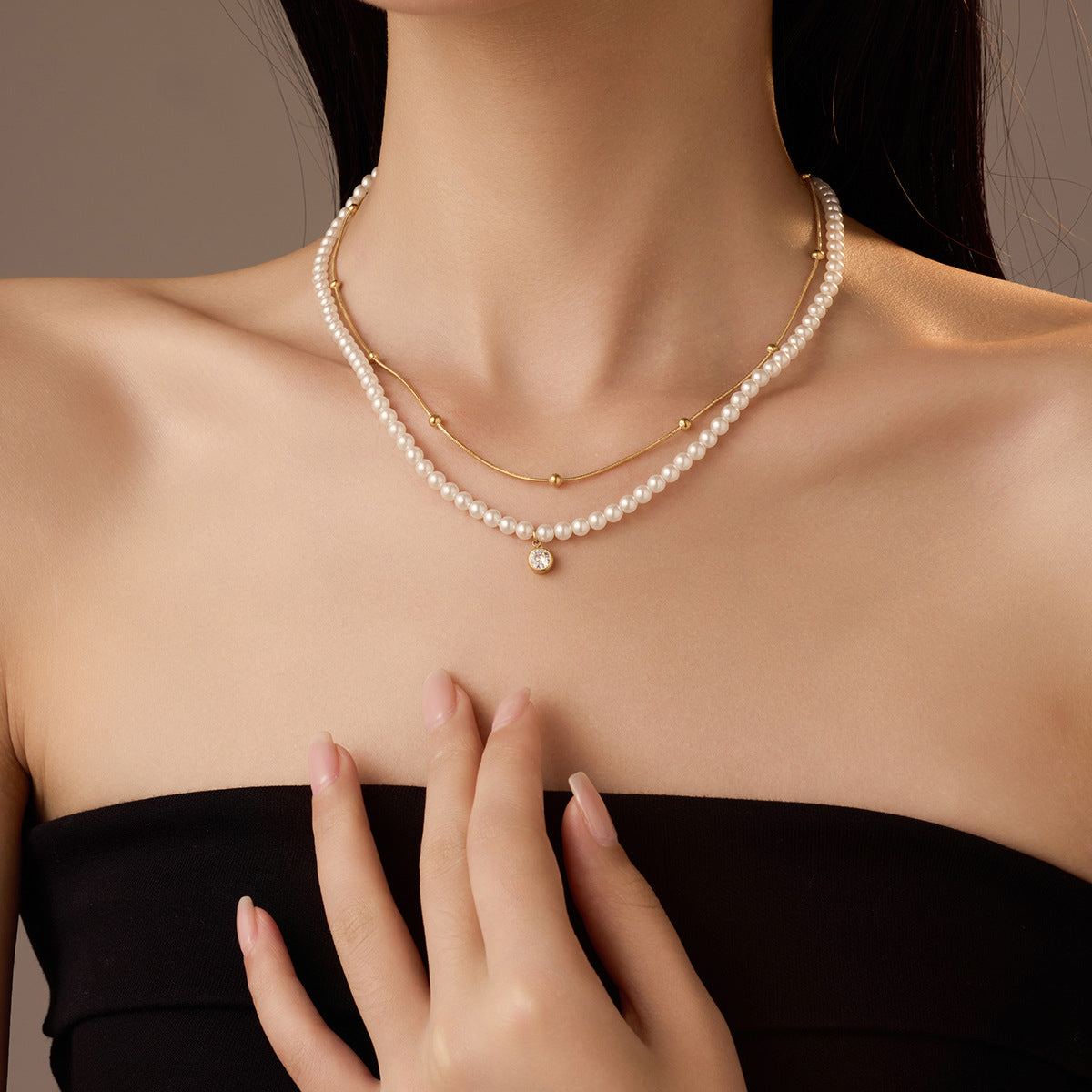 All Match Pearl Double Chain Inlaid Zircon Titanium Steel Necklace 18K Stainless Steel Clavicle Chain Accessories - Wanita Store