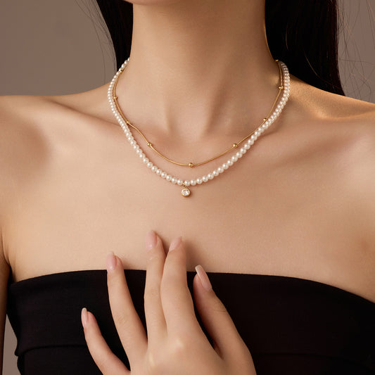All Match Pearl Double Chain Inlaid Zircon Titanium Steel Necklace 18K Stainless Steel Clavicle Chain Accessories - Wanita Store