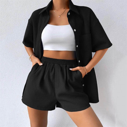 Summer Suit Women Women Loose Casual Short Sleeved Shirt Elastic Waist Shorts Two Piece Set Women - Wanita Store