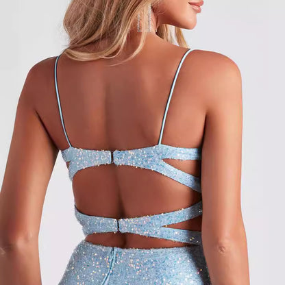 Flashing Sequ Sling Mini Dress Sexy Hip Bag Slim Fit Backless Tube Top Short - Wanita Store