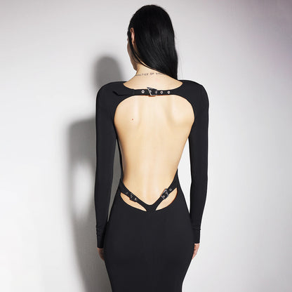 Women Clothing Summer Sexy Long Sleeve Backless Lace Hip Elastic Metal Decoration Dress - Wanita Store