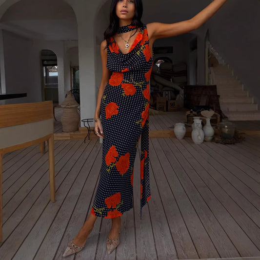 Spring Summer Printed Ribbon Maxi Dress Casual Vacation Party Dress