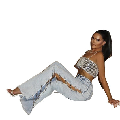 High Waist Straight Loose Jeans for Women Summer Diamond Stitching Side Hollow Out Cutout out Wide Leg Mop Pants Trousers for Women - Wanita Store
