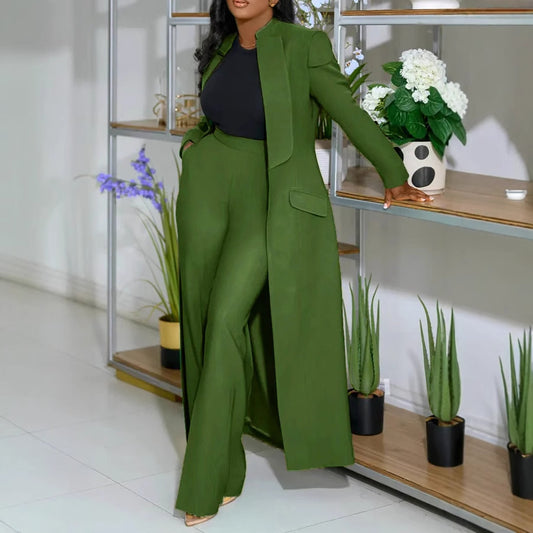 Women Solid Color Polo Collar Long Two Piece Set