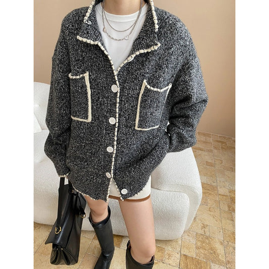 Early Autumn Fashionable Double Pocket Contrast Color round Neck Lazy Loose Knitted Sweater Coat