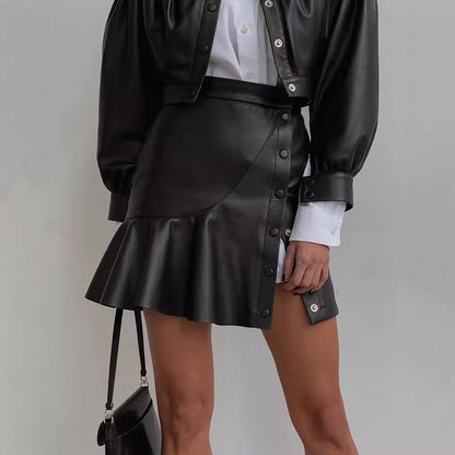 Women Clothing Autumn Winter Fashionable Wooden Ear All Match Leather Sexy Short Skirt Irregular Asymmetric Leather Skirt - Wanita Store