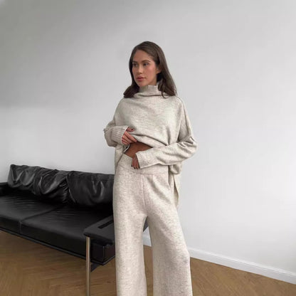 High Neck Split Wool Sweater Women Loose Casual Lazy Knitted Trousers Two Piece Set - Wanita Store